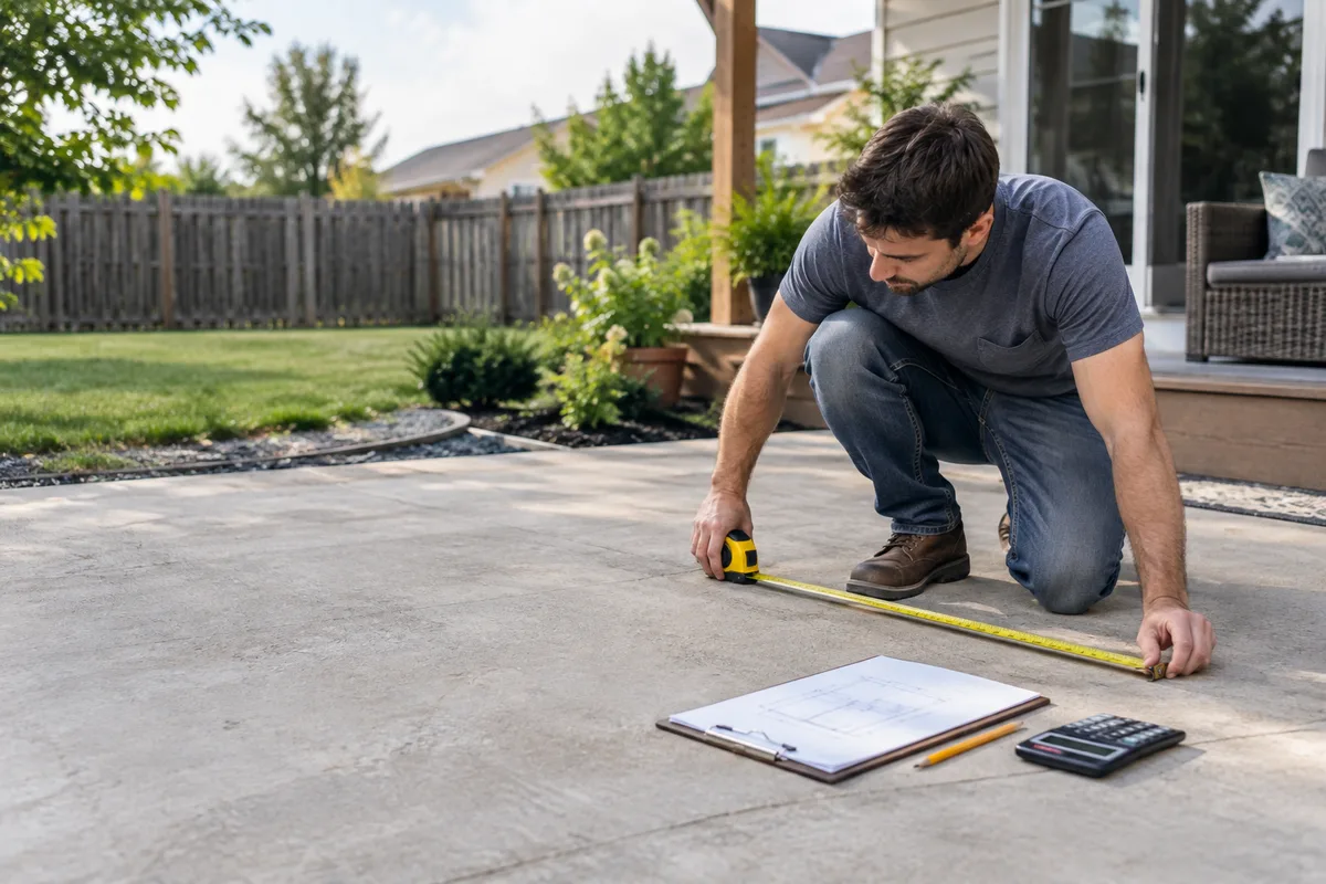 Homeowner measuring a concrete patio with a tape measure while planning a project